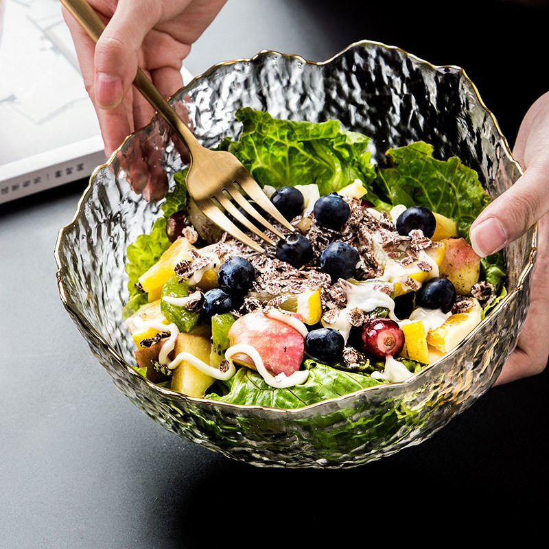 玻璃碗 大号 欧式_欧式金边大号透明玻璃蔬菜水果沙拉碗家用创意锤纹