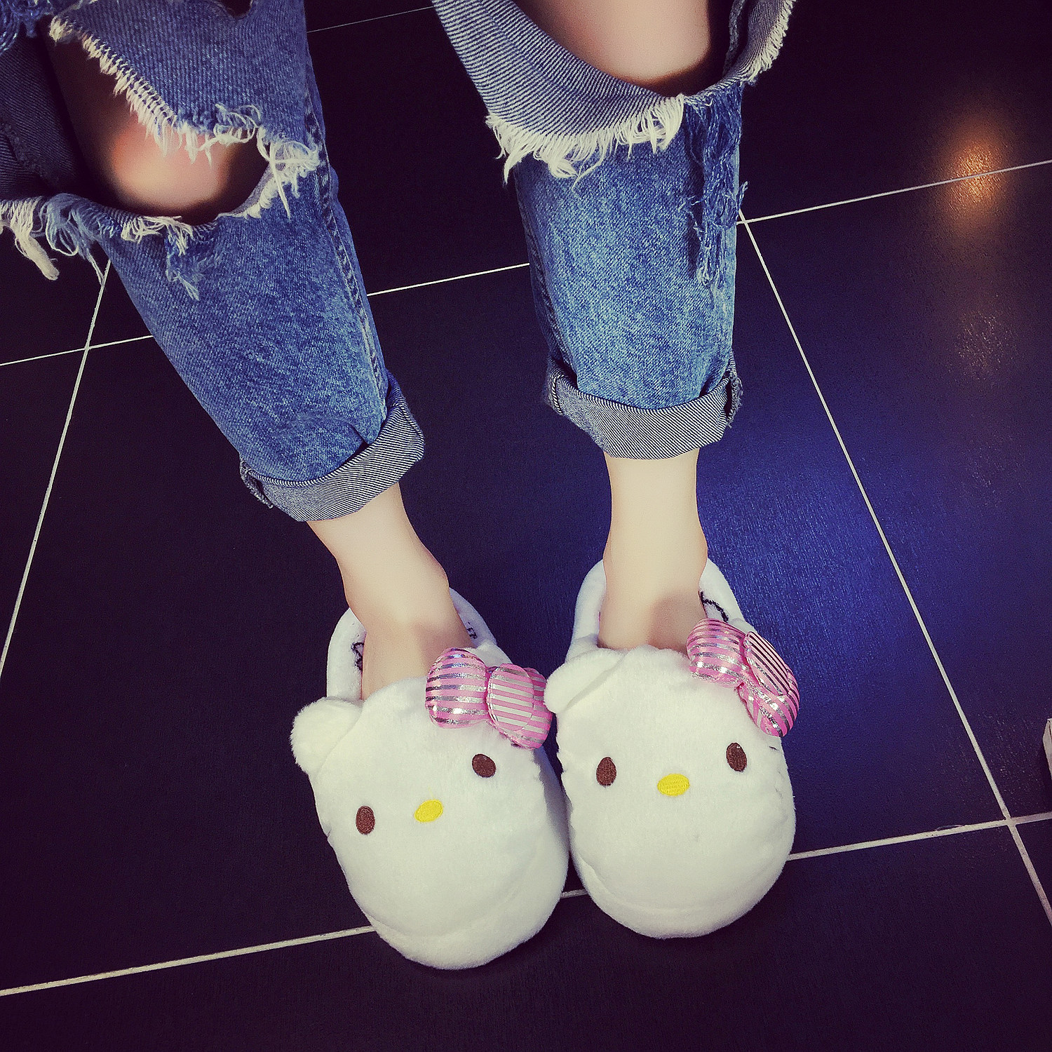 2017秋冬甜美女生棉拖 kitty凯蒂猫卡通毛毛鞋室内可爱蝴蝶结拖鞋