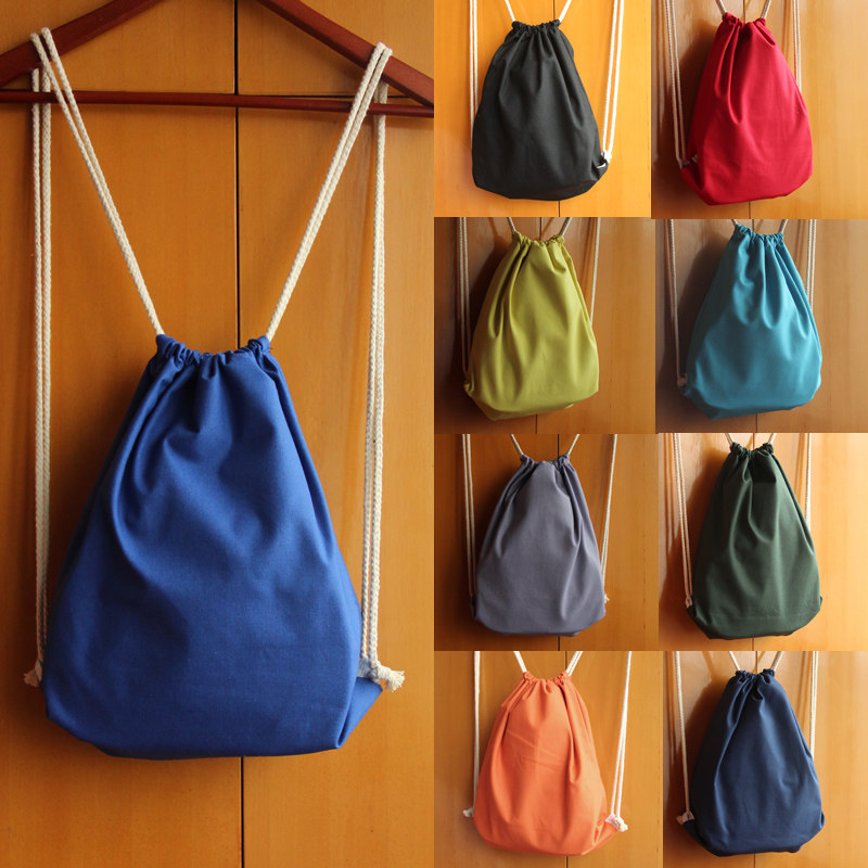 布袋双肩包 抽绳_束口袋抽绳包双肩包男女纯色帆布背包帆布布袋书包全