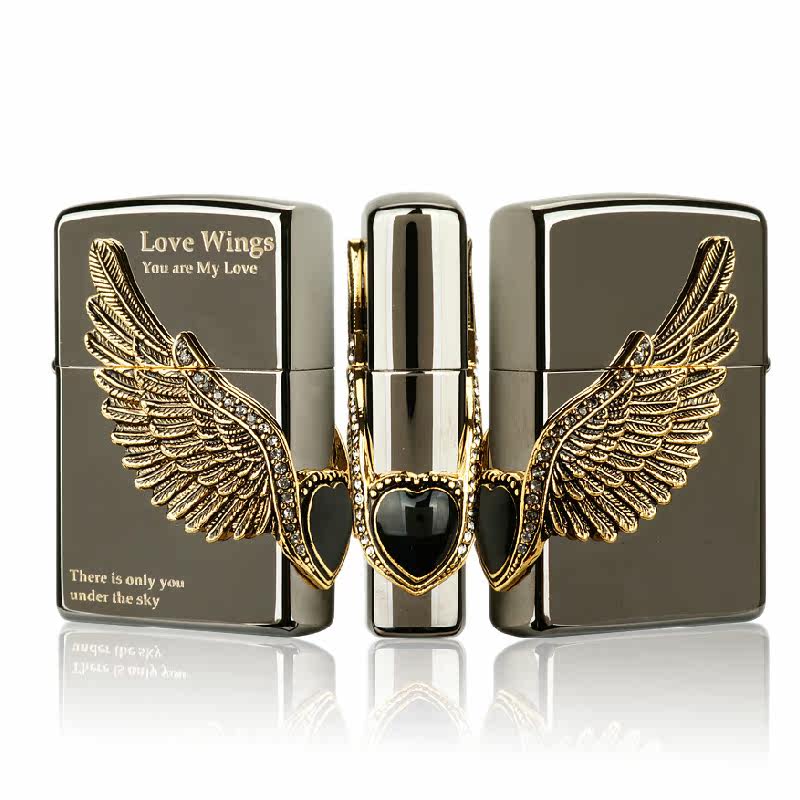 芝宝zippo打火机 黑冰/镀金/雕刻/贴章 爱之翼love爱神之翼翅膀