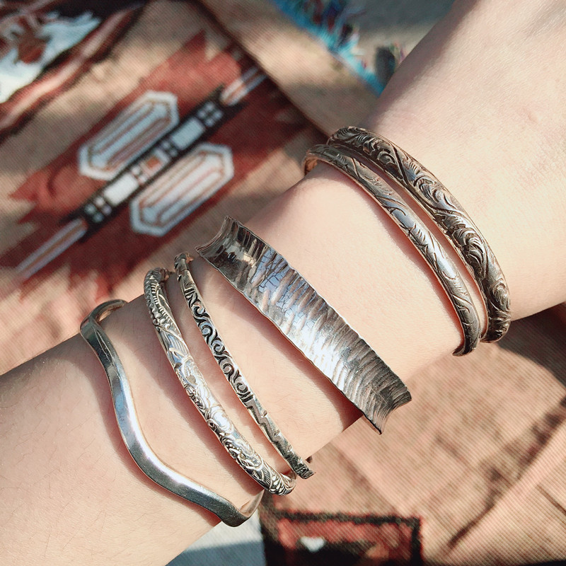 ninisn925纯银泰国尼泊尔巴厘岛素银手镯 复古雕花手工艺男女礼物
