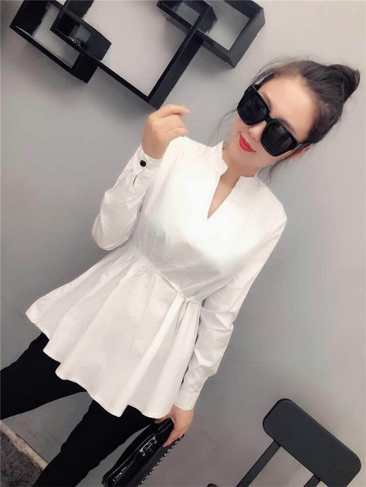 洋气荷叶边欧货v领收腰裙摆小衫女士打底衫长袖纯色显瘦上衣优惠券