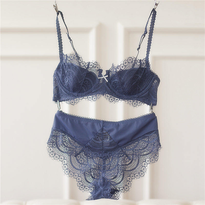 欧美少女文胸套装 薄款性感半杯蕾丝夏季 透明内衣微聚拢上托中腰