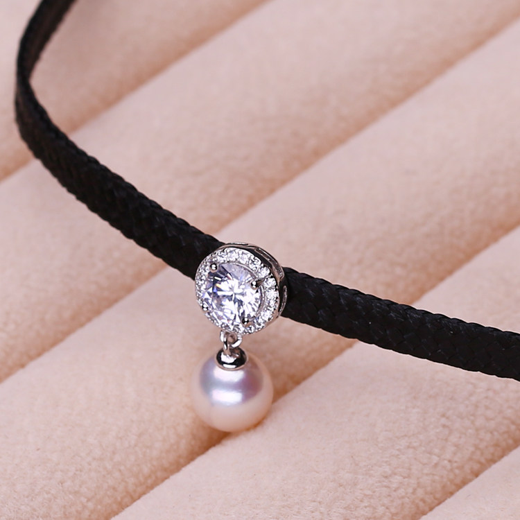 黑皮绳项链淡水珍珠颈链颈带脖子饰品皮绳珍珠颈链锁骨链