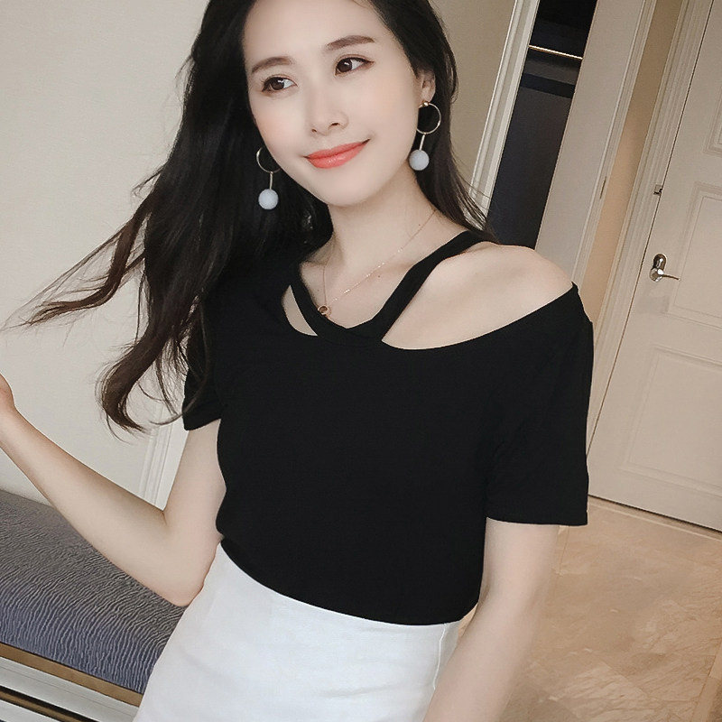夏季新款修身性感吊带露肩t恤女 莫代尔短袖不规则韩范百搭上衣