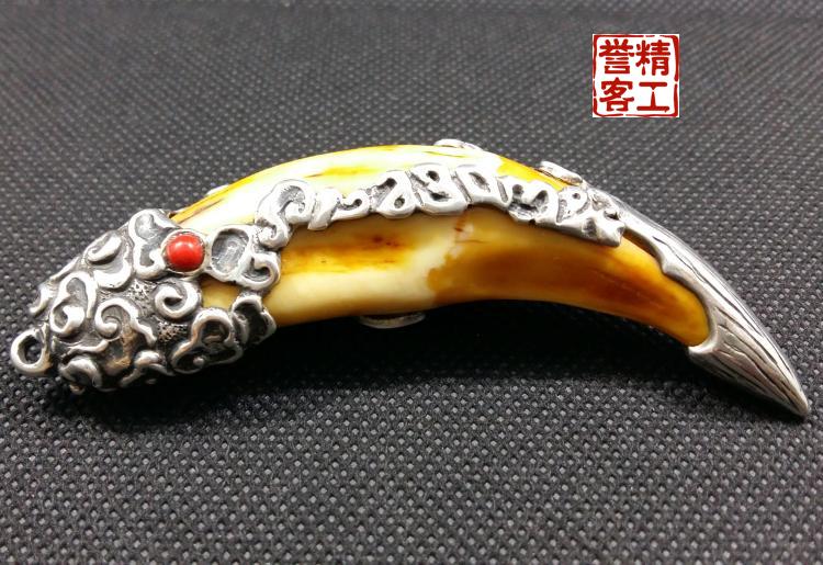 纯手工925银牙套定做 仿狼牙虎牙熊指甲钩子镶嵌加工 包牙齿镶嵌