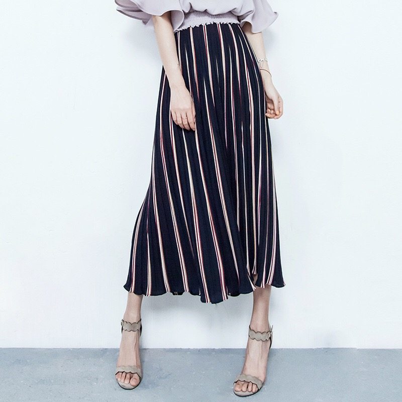 夏季裤裙女高腰条纹荷叶边薄款雪纺阔腿裤九分裤百褶宽松喇叭裤