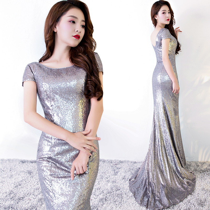 宴会晚礼服2018新款时尚主持人修身显瘦鱼尾长款连衣裙银色亮片女