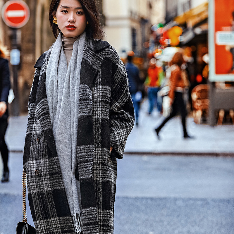 double-j 原创设计早春新款格子定制黑白格大方茧型加长款大衣