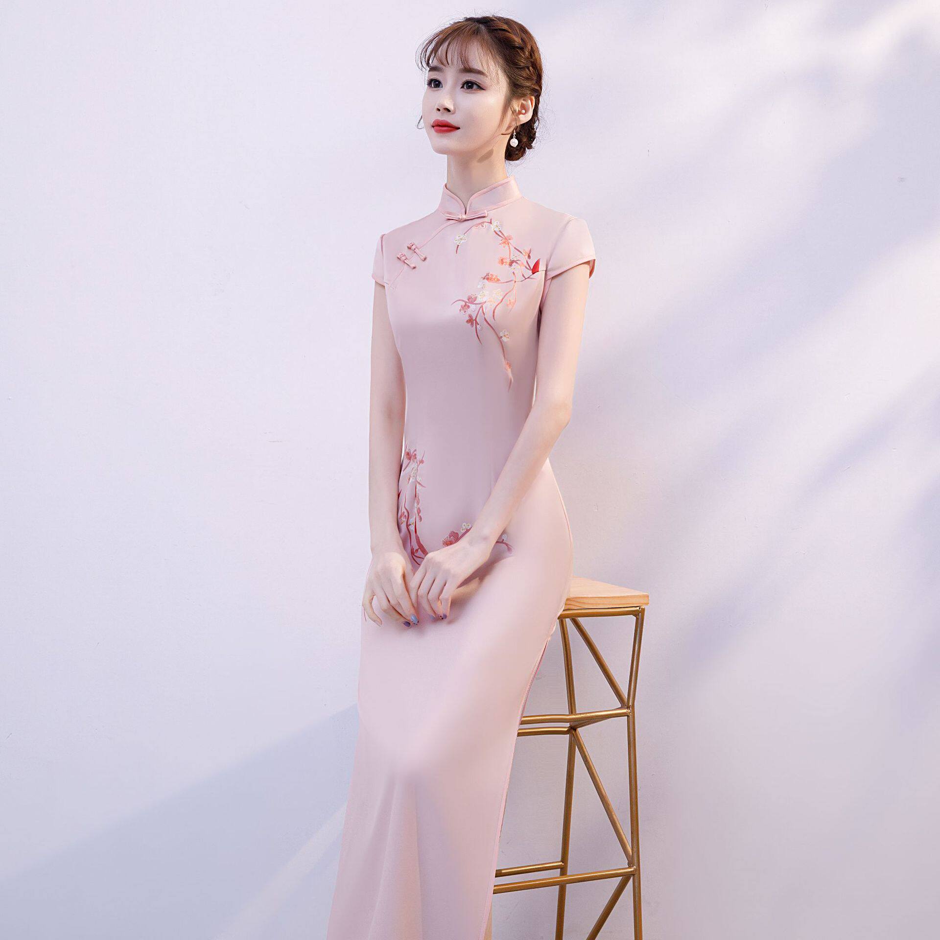 性感_少女旗袍2019春夏丝绸长款双层时尚性感走秀苏州民族风纯色礼服