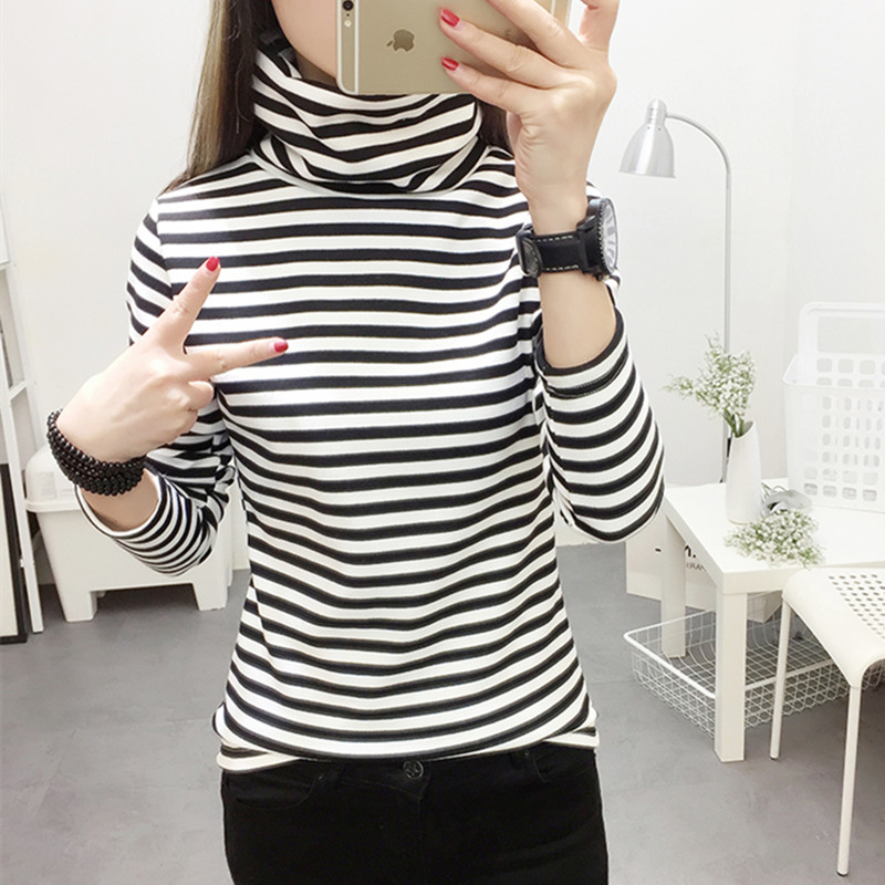 018新款春装潮堆堆领韩范百搭纯棉高领条纹打