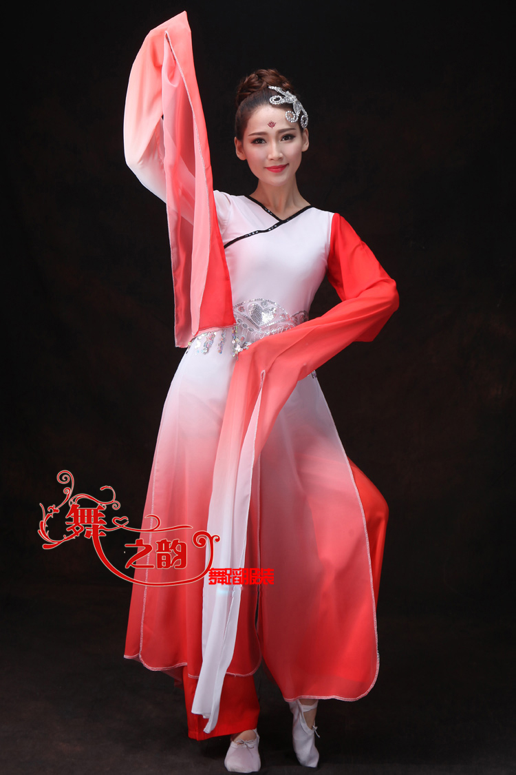 水墨色水袖舞蹈演出服装/古典舞民族秧歌现代舞cos服女长袖 女红