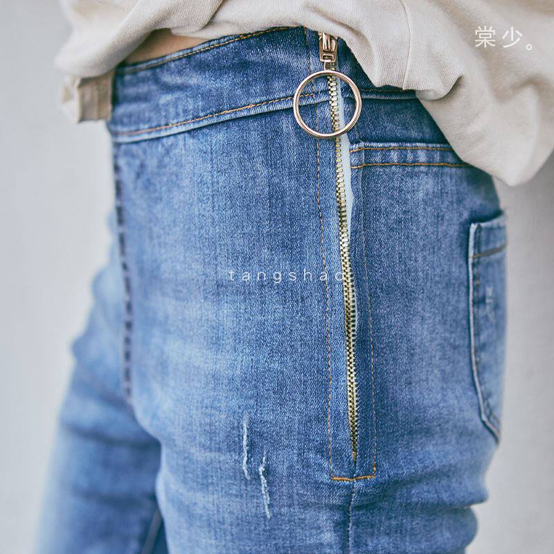 侧边拉链高腰牛仔裤女17秋季新款女士韩版时尚弹力小脚牛仔裤