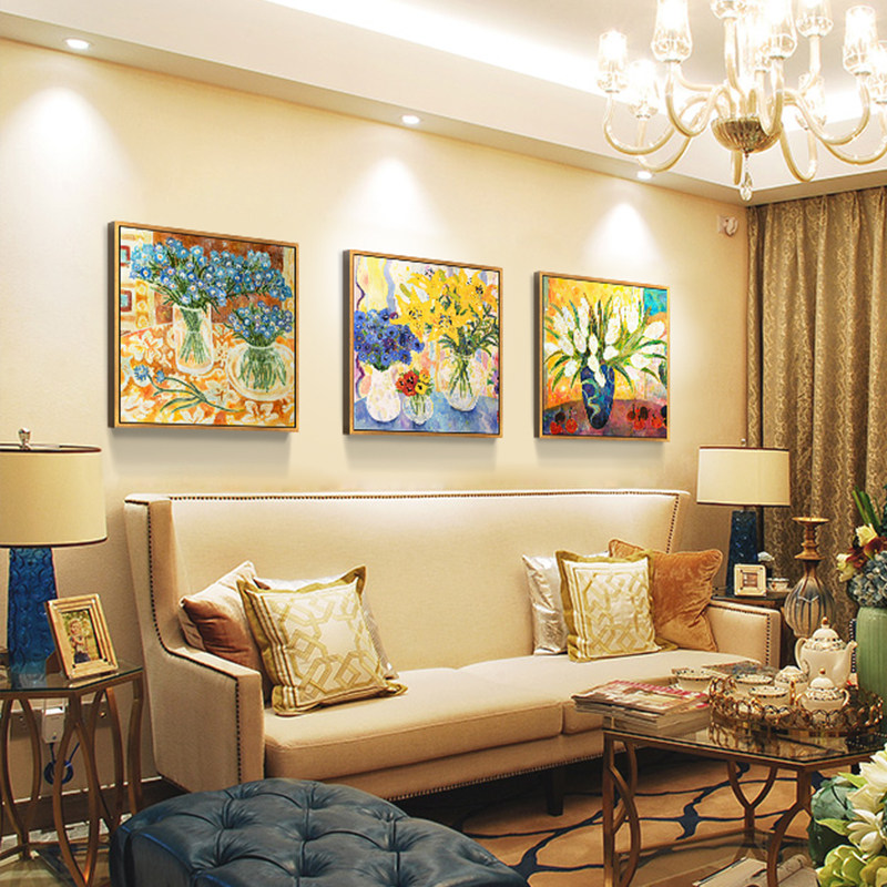 美式客厅装饰画三联画沙发背景墙画现代简约欧式餐厅壁画花卉油画