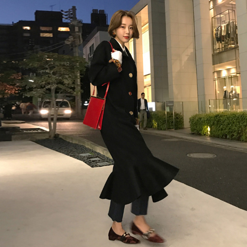 复古赫本风气质黑色鱼尾裙摆连衣裙外穿内搭长款过膝外套大衣优惠券