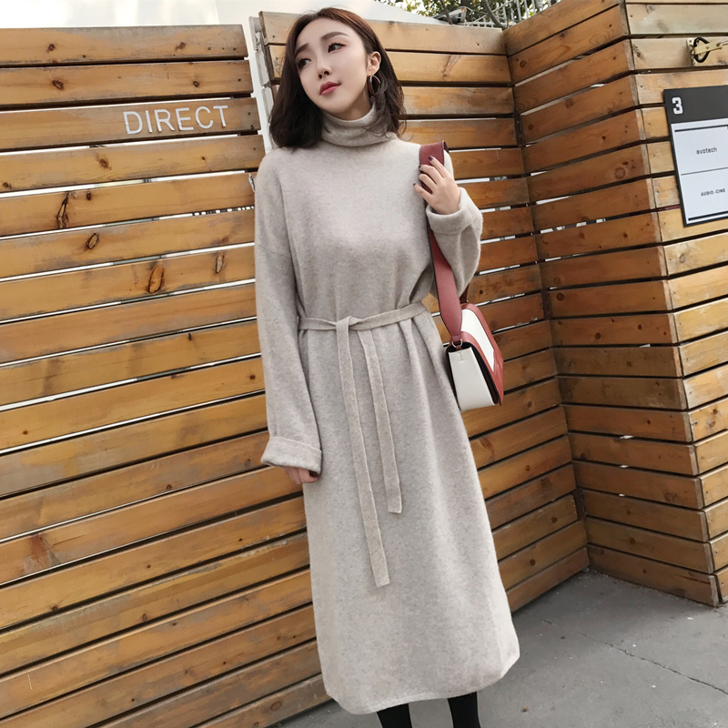 mmco2017冬季 羊毛羊驼绒高领针织长裙过膝超长款毛衣连衣裙女装