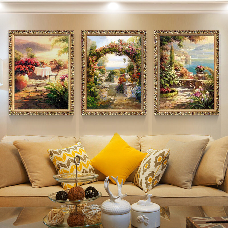 > 欧式油画手绘客厅装饰画沙发背景墙玄关简约挂画三联壁画定制风景