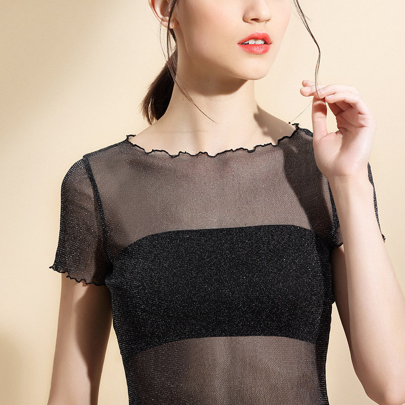 特价网丝打底衫_半透明上衣短款亮丝短袖超薄t恤女 网纱打底衫2019