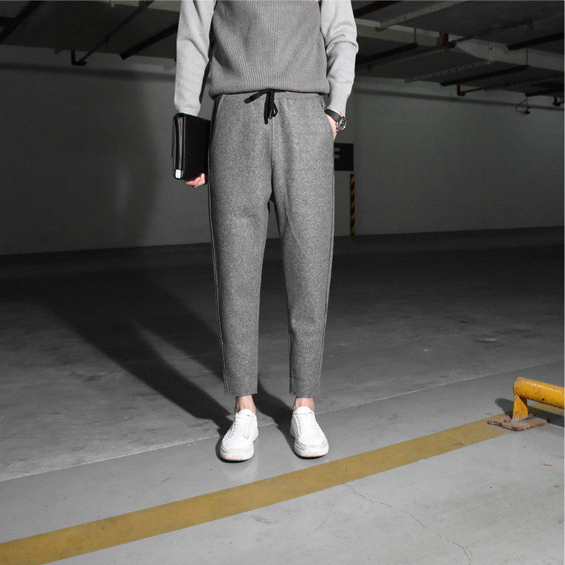 毛呢加厚简约纯色九分裤男韩版个性侧面切边小直筒阔腿休闲裤优惠券
