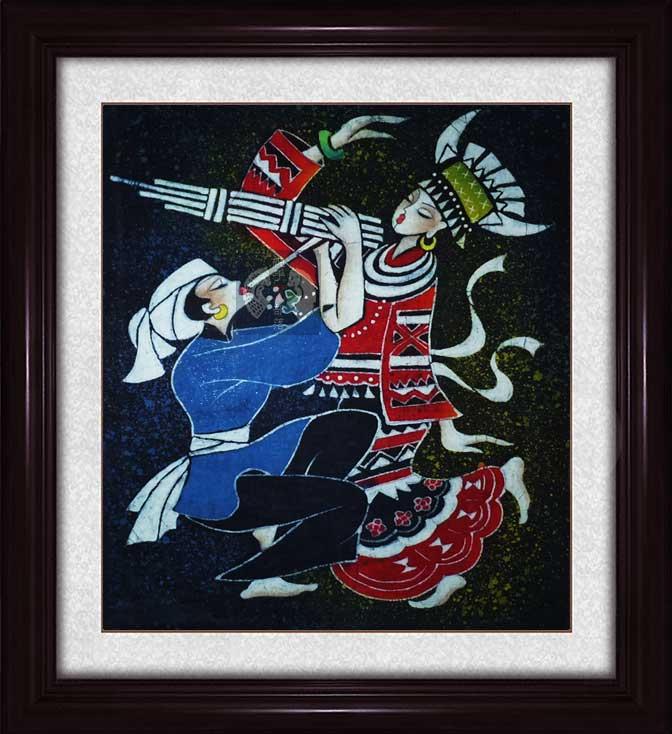 民族蜡染 纯手工艺品 家居装饰 装裱小画芯-芦笙舞 45cm*50cm