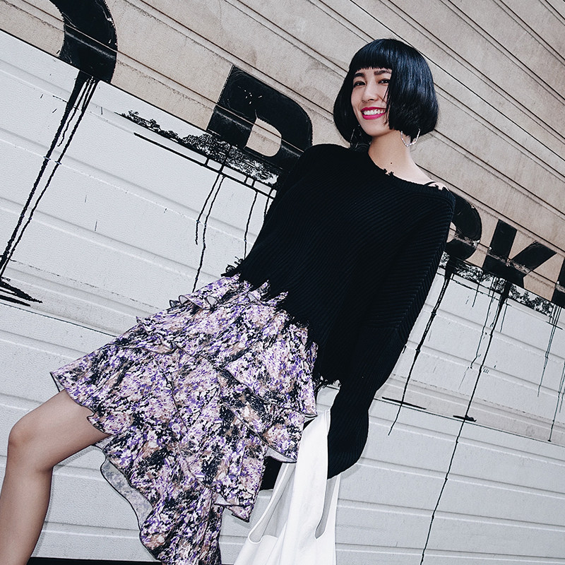 lamps女装 复古碎花荷叶边半裙 2017秋冬新款chic欧美高腰a字中裙