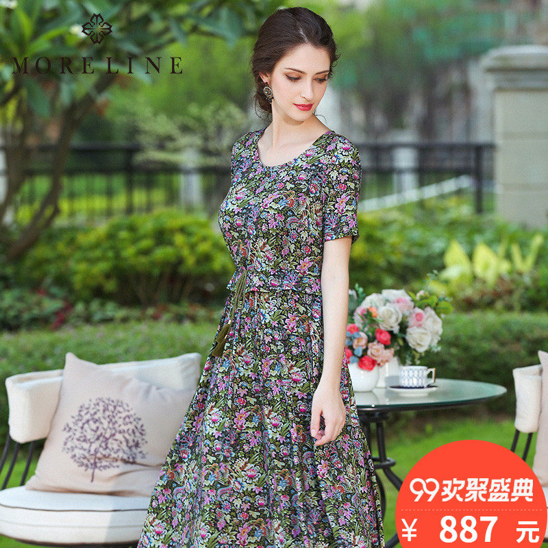 moreline沐兰女装夏新款复古气质修身优雅短袖印花连衣裙1225013
