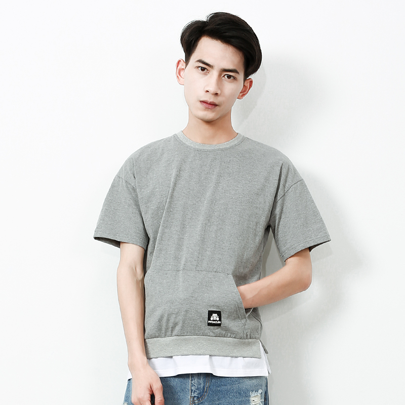 听风 夏季日系纯棉假两件短袖t恤男 青少年半袖落肩袖休闲t上衣潮