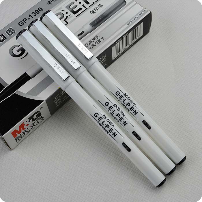 包邮晨光gp-1390金属笔夹白色笔杆全针管中性笔0.5mm商务碳素水笔
