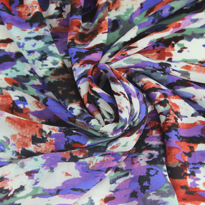 夏季高档印花不透明厚乱麻雪纺布料连衣裙裤子服装衬衫面料红白紫