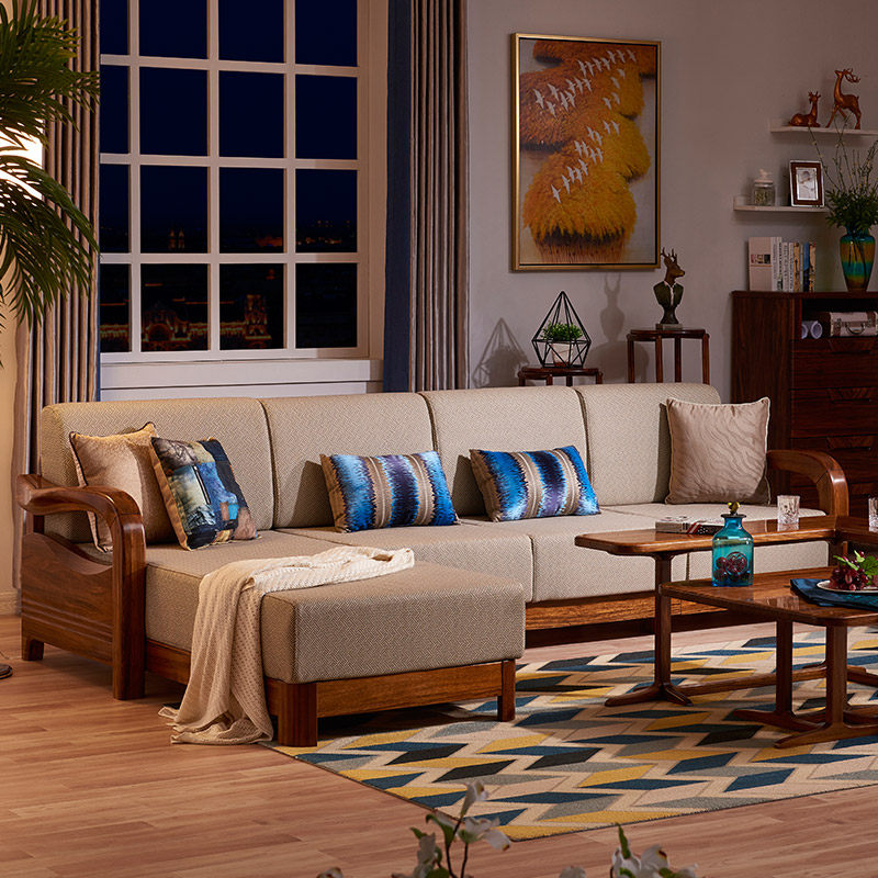 光明家具 现代中式客厅家具全实木沙发贵妃位沙发 乌金木转角沙发