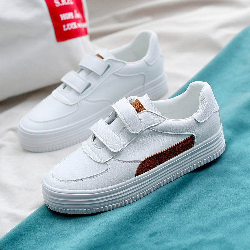 魔术贴粘扣小白鞋女厚底学生韩版百搭平底帆布鞋白色鞋子休闲板鞋