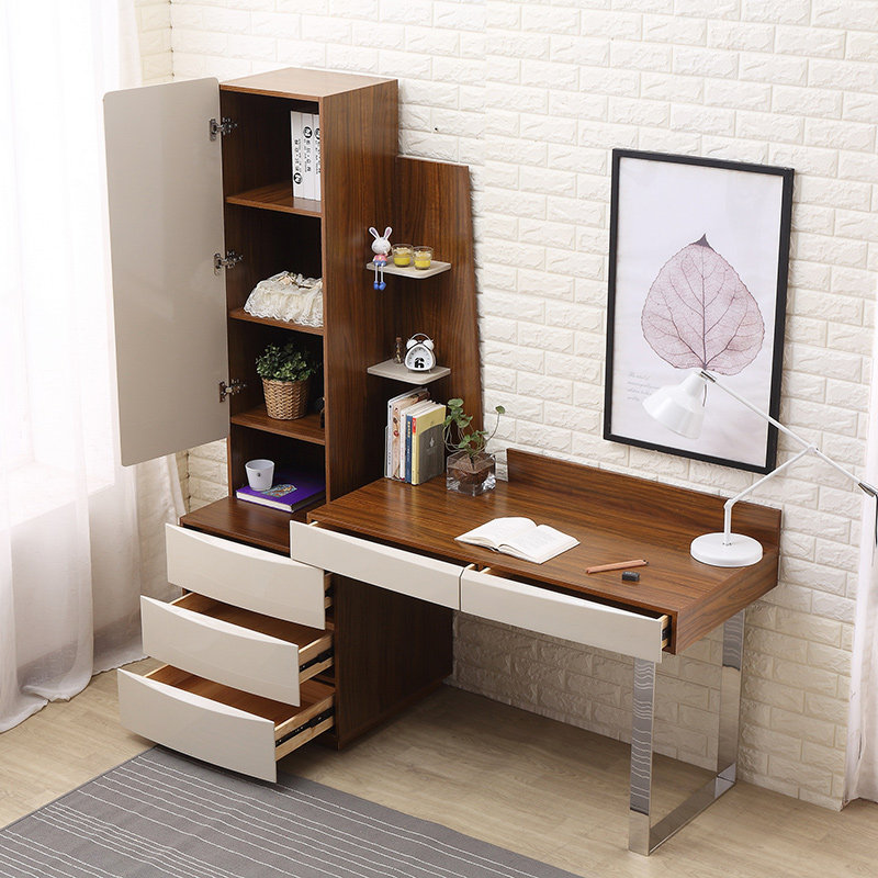 简约现代钢琴烤漆书桌书柜梳妆台组合 一体电脑桌连书架 家用书桌