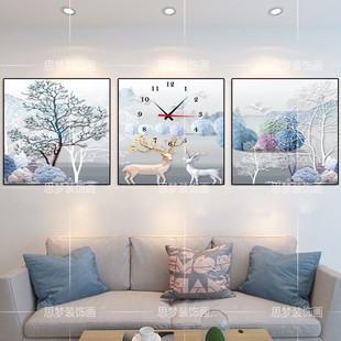 北欧墙壁装饰画客厅沙发背景墙画现代简约墙上无框画挂钟麋鹿三联