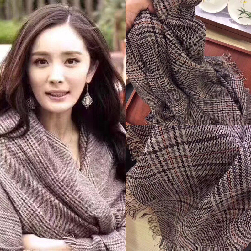 明星杨幂同款羊绒围巾女冬季经典千鸟格大披肩英伦格子保暖围巾潮