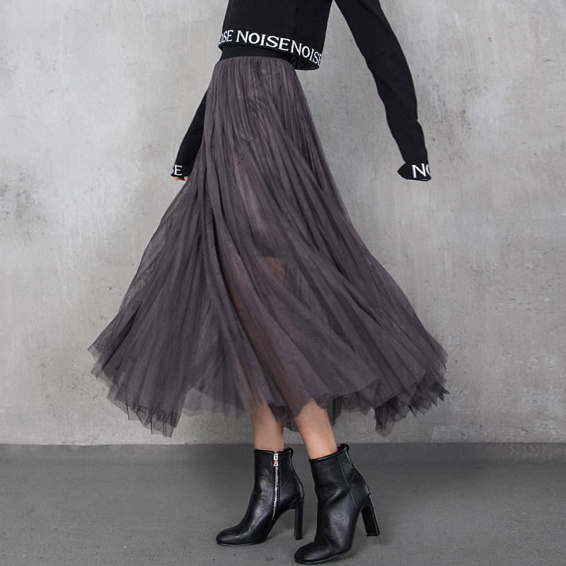 emibaby高腰显瘦雪纺百褶大摆a字蓬蓬网纱裙中长款烟灰半身裙子女