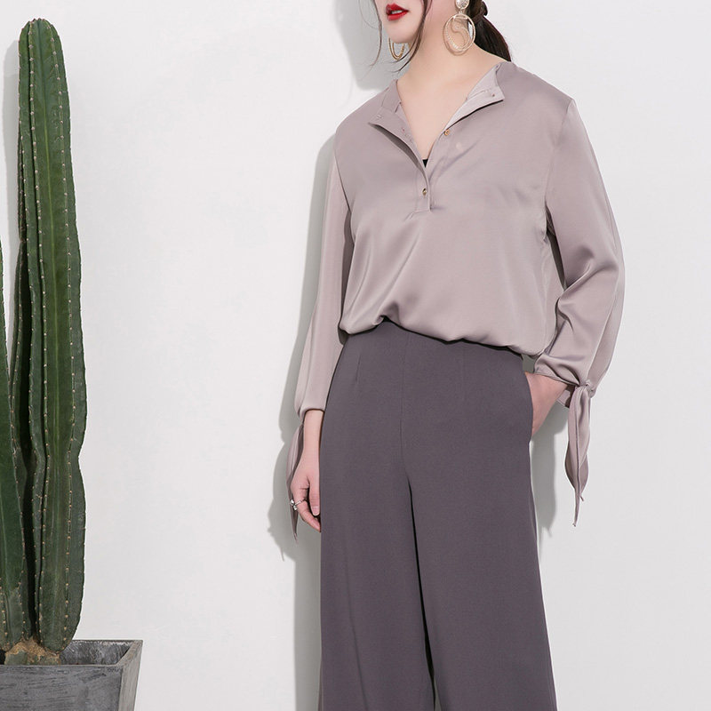 weinuo 玮诺家2017春夏新品韩版 香芋色百搭袖口蝴蝶结衬衫上衣女