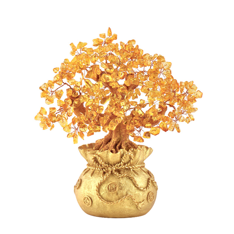 黄水晶摇钱树摆件小招财树家居创意酒柜家装饰品客厅电视柜发财树
