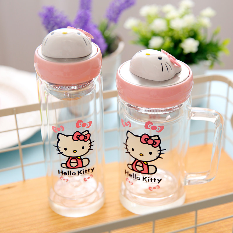 hellokitty夏季办公双层超萌玻璃杯过滤儿童女生可爱泡茶杯子水杯