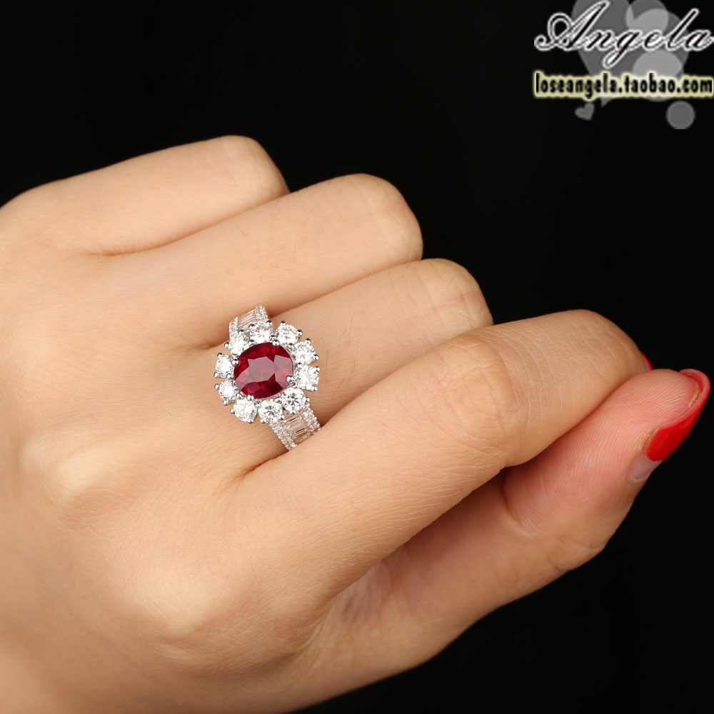 天然无烧缅甸鸽血红宝石戒指 18k金钻石镶嵌红宝石戒指  彩宝戒指