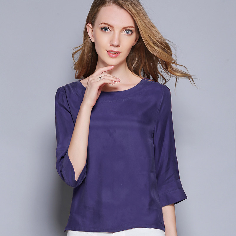 九分袖t恤女 上衣_2019新品重磅铜氨丝短款上衣宽松大码简约九分袖女