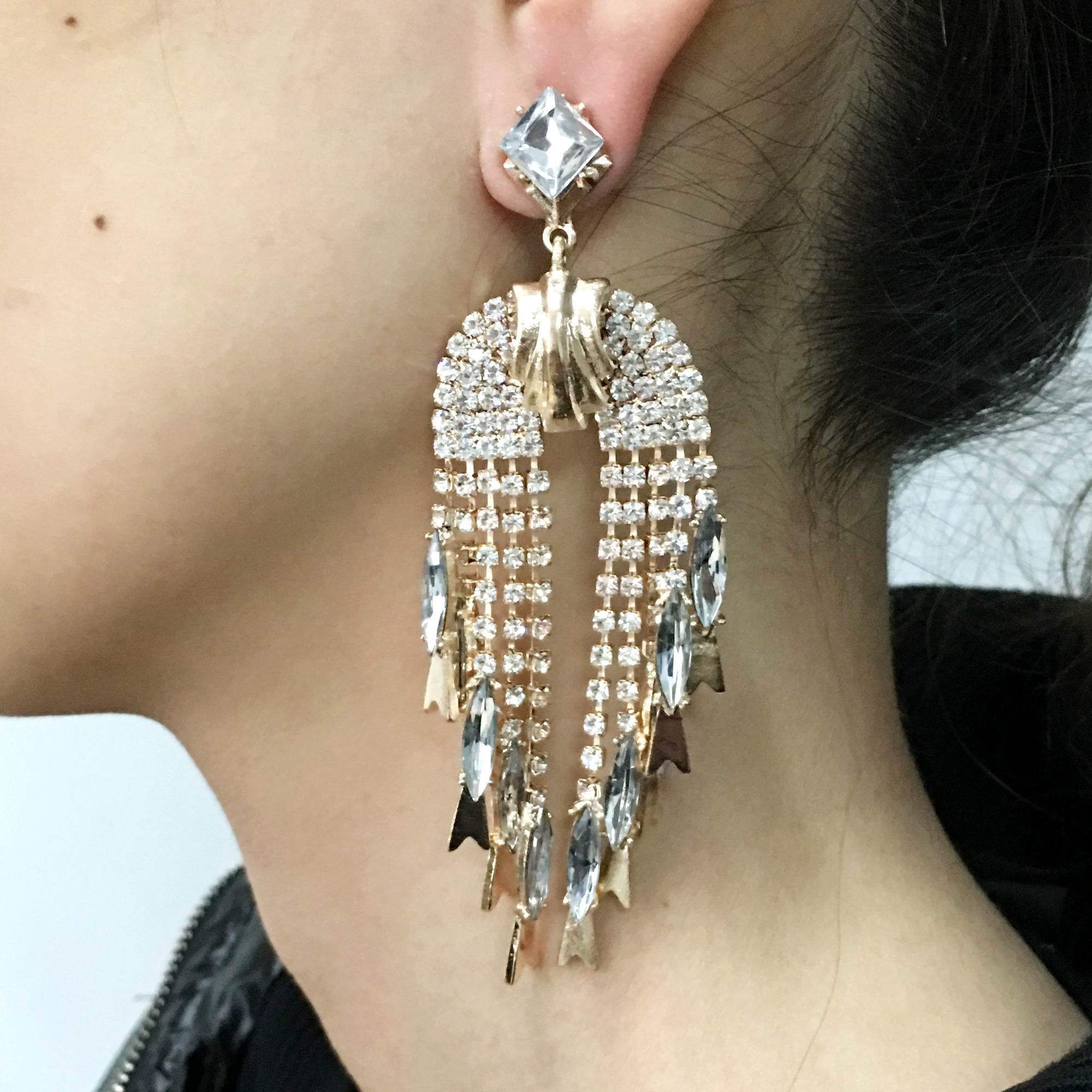 包邮 欧美奢华镶满钻气质链条流苏长款耳环 宫廷风耳坠新娘夸张耳饰