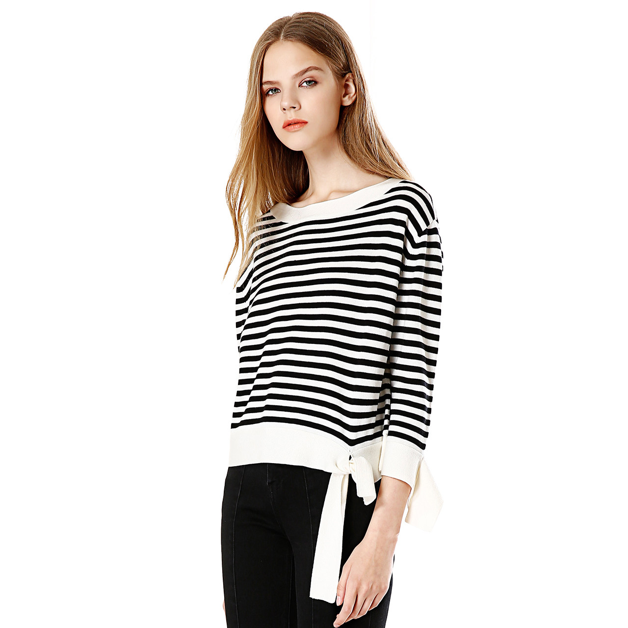 osa欧莎2017秋装新款女装黑白条纹百搭显瘦长袖针织衫上衣