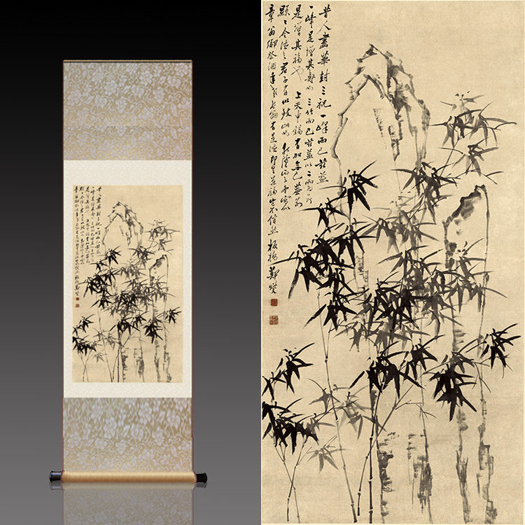 国画_丝绸画国画卷轴画竹子挂画郑板桥竹子字画书房茶楼装饰画定制
