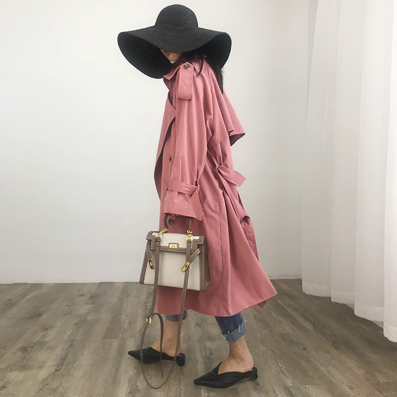 一折风衣女士长款_干枯玫瑰色秋款风衣2018新款复古双排扣中长款over