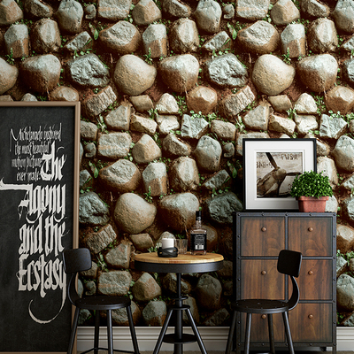 中式立体3d复古仿古文化石块石头纹岩石壁纸餐厅咖啡厅