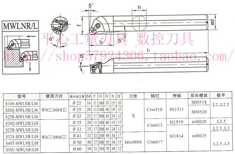 数控镗孔车刀/95度内孔车刀/车刀杆/s32t-mwlnl08 30*300方反刀