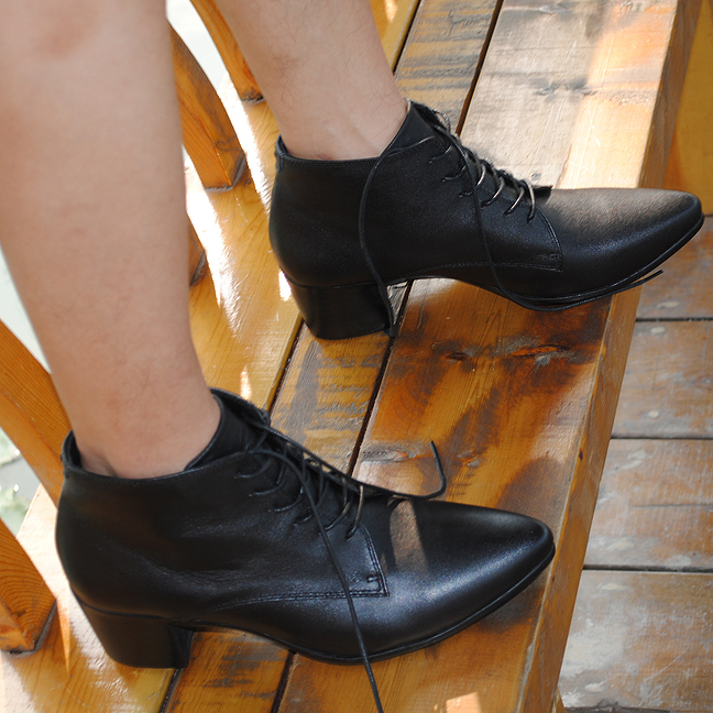 春季韩版尖头短靴男高跟皮鞋真皮增高男鞋系带潮男靴子潮流高帮鞋