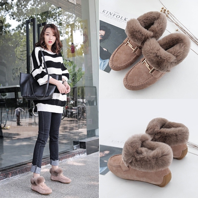 兔毛雪地靴女短筒韩版2017冬季新款百搭豆豆鞋加绒棉鞋平底毛毛鞋