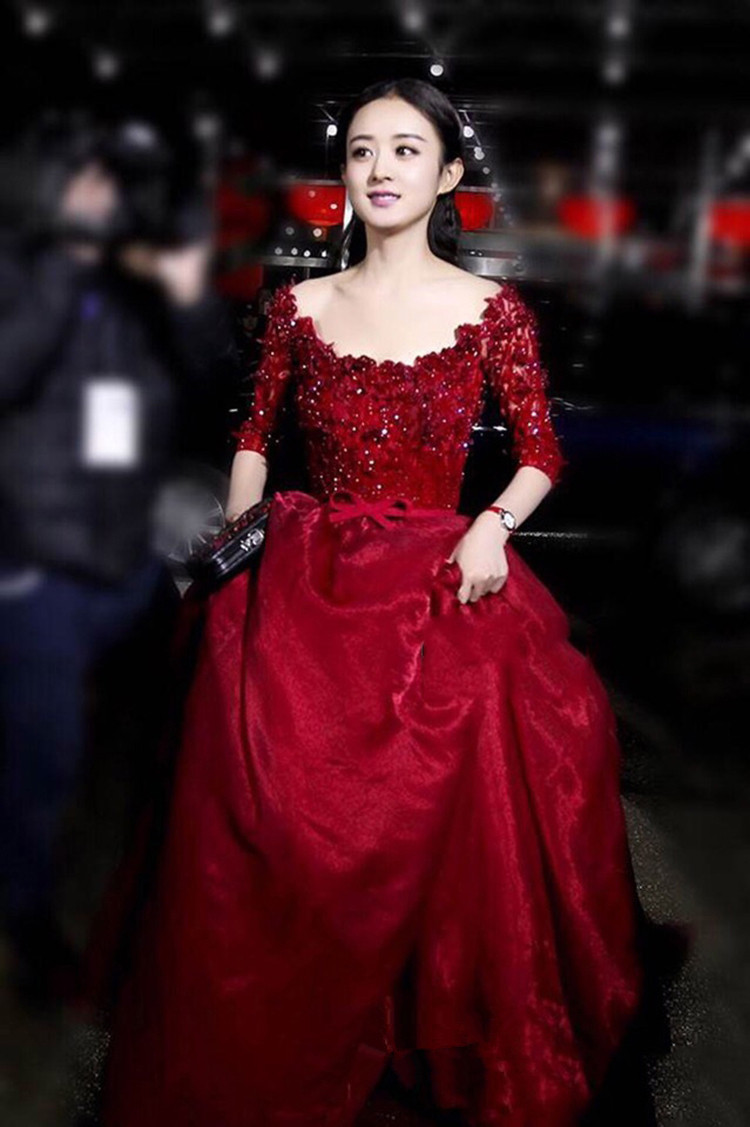 赵丽颖同款礼服_赵丽颖同款婚纱新娘敬酒服中长袖优雅绑带蓬蓬裙晚