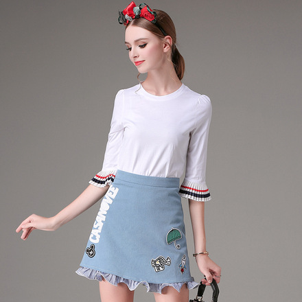 2016秋季新款纯色五分袖甜美小香风两件套卡通个性牛仔a字裙套装